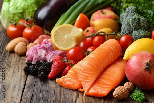 A vibrant and colorful display of fresh fruits, vegetables, and salmon showcases a healthy lifestyle and promotes the enjoyment of cooking and eating healthily.