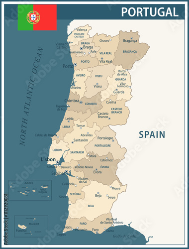 Portugal Map Vector Vintage Dark Blue Beige - Customizable layered political map of Portugal with administrative divisions for website, education, reports, news, politics, print, poster and wallpaper