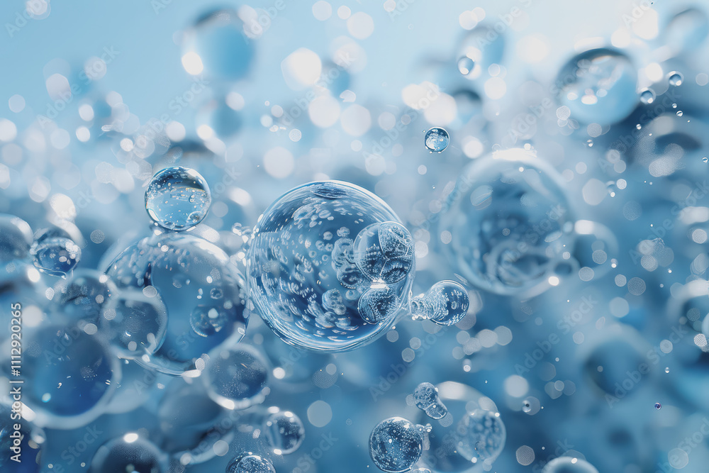 blue bubble transparent membrane molecule algae cell water drop algae cell with small particles. blue bubble transparent membrane molecule algae cell water drop algae cell with small particles.