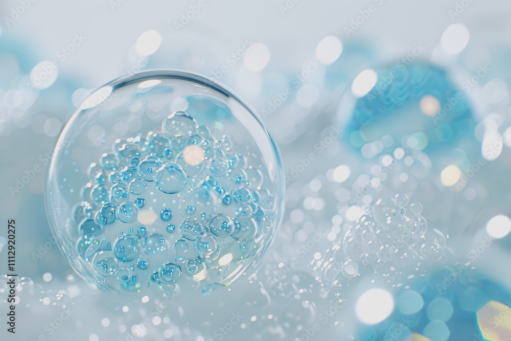 blue bubble transparent membrane molecule algae cell water drop algae cell with small particles. blue bubble transparent membrane molecule algae cell water drop algae cell with small particles.