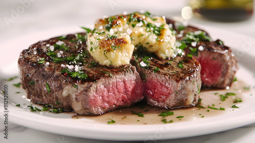 Roasted Bone Marrow Butter Steak with Garlic Confit and Herbs, Main Course Photography