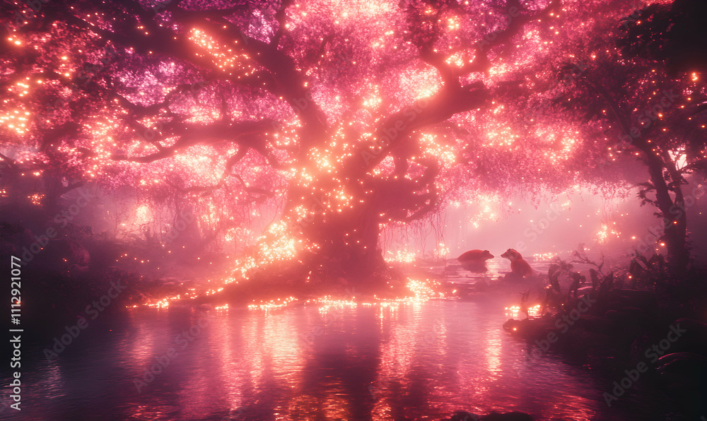 Enchanting pink forest scene with glowing tree and bears by a river, magical fantasy landscape.