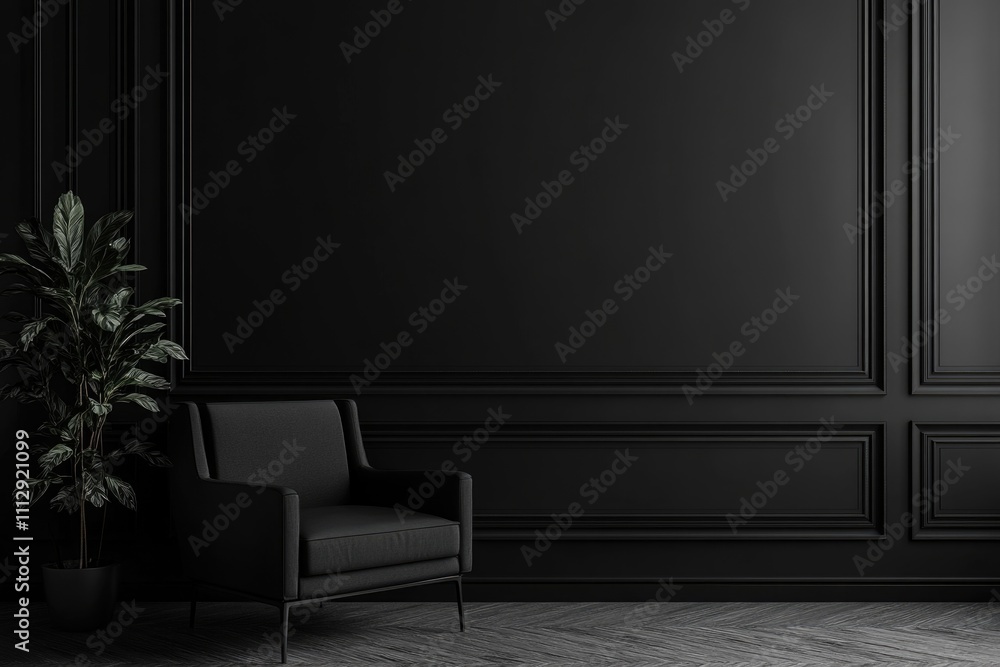 Sleek Minimalist Black Interior: Elegant Living Space with Luxurious Armchair and Potted Plant in Classic Design Sleek Minimalist Black Interior: Elegant Living Space with Luxurious Armchair and Potted Plant in Classic Design