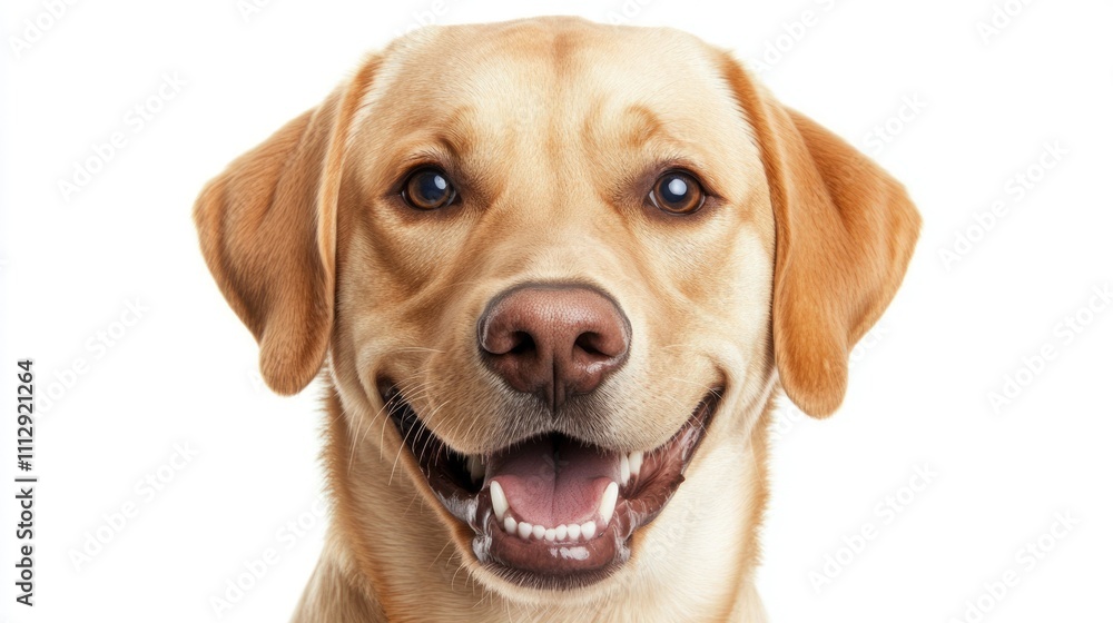 Joyful Portrait of a Cheerful Blond Labrador Retriever Dog Beaming at the Camera Against a White Backdrop Joyful Portrait of a Cheerful Blond Labrador Retriever Dog Beaming at the Camera Against a White Backdrop