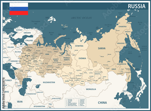 Russia Map Vector Vintage Dark Blue Beige - Customizable layered political map of Russia with administrative divisions for website, education, reports, news, politics, print, poster and wallpaper