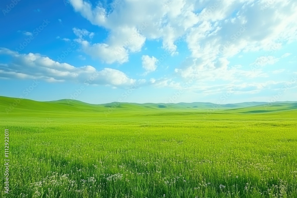 Vast Inner Mongolia Grassland: Spring Landscape with Lush Green Fields Under a Blue Sky and Fluffy White Clouds Vast Inner Mongolia Grassland: Spring Landscape with Lush Green Fields Under a Blue Sky and Fluffy White Clouds