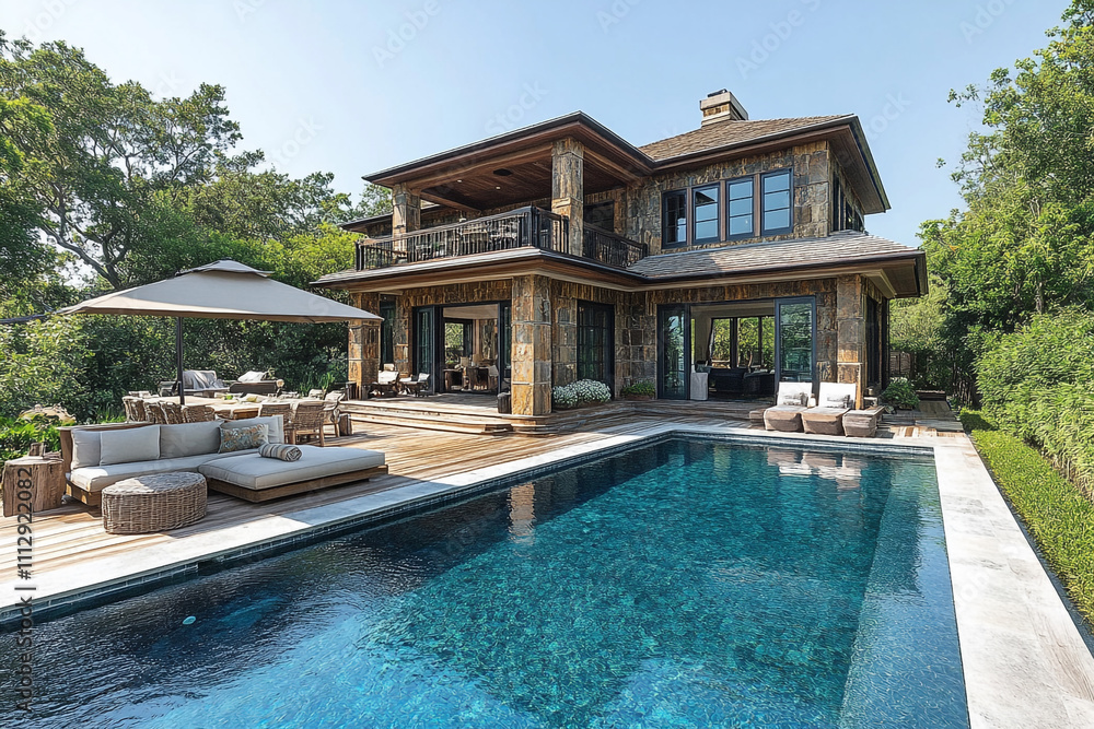 Fototapeta premium Luxurious Stone House with Pool and Outdoor Seating
