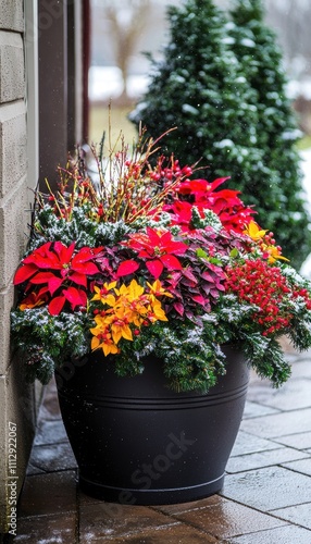 Vibrant Winter Container Garden with Hardy Plants and Seasonal Decorations