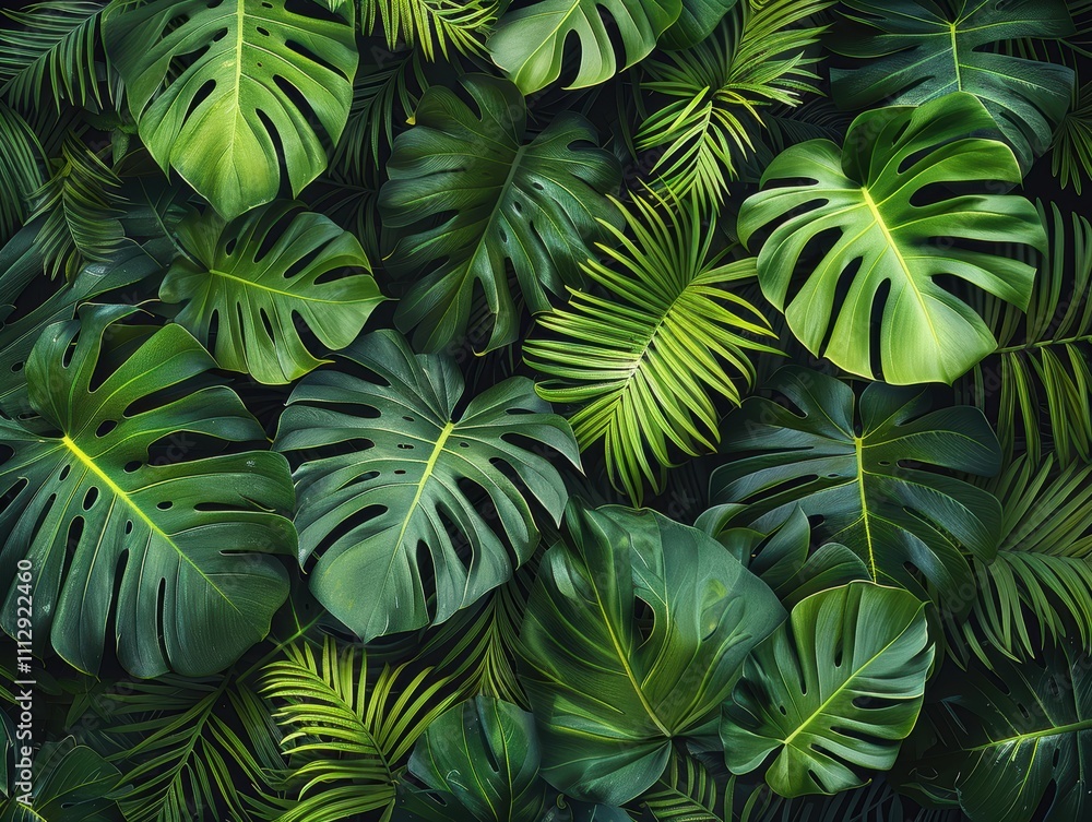 A vibrant arrangement of various green tropical leaves. A vibrant arrangement of various green tropical leaves.