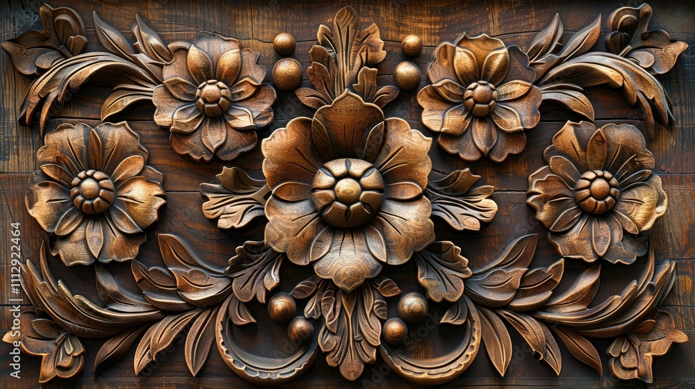 Intricate wooden floral carving, dark brown hues, detailed relief flowers and leaves. Intricate wooden floral carving, dark brown hues, detailed relief flowers and leaves.
