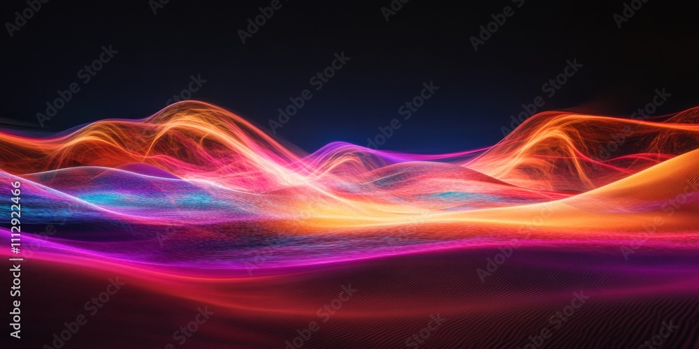 A sweeping desert landscape wrapped in dynamic colorful smoke, intersected by beams of radiant light, set against an infinite dark void A sweeping desert landscape wrapped in dynamic colorful smoke, intersected by beams of radiant light, set against an infinite dark void