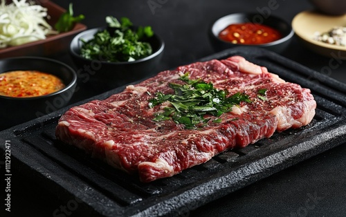 A luxurious close-up of a Wagyu steak sizzling on a hot stone grill, with the marbling clearly visible, surrounded by vibrant dipping sauces and fresh herbs on a dark background