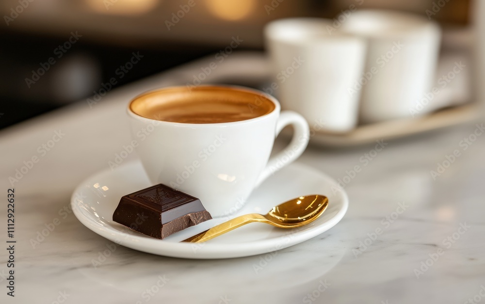 A luxurious espresso shot with a rich crema, served alongside a small piece of dark chocolate and a gold spoon, with a modern cafÃ? setting in the background A luxurious espresso shot with a rich crema, served alongside a small piece of dark chocolate and a gold spoon, with a modern cafÃ? setting in the background