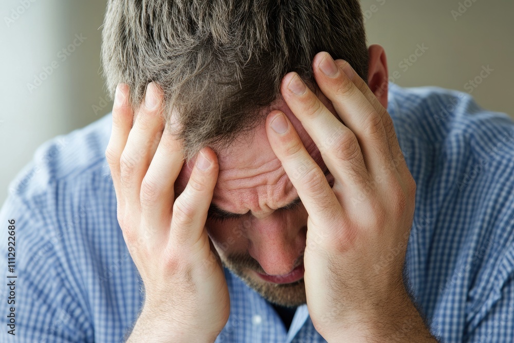 Fototapeta premium Emotionally Burdened Adult Man with Head in Hands, Expressing Sadness and Loneliness