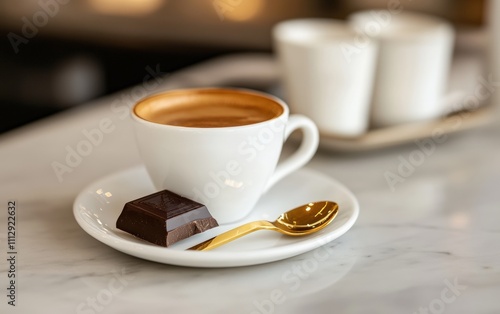 A luxurious espresso shot with a rich crema, served alongside a small piece of dark chocolate and a gold spoon, with a modern cafÃ? setting in the background