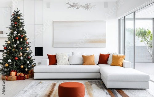 A minimalist white living room with pops of color from a modern Christmas tree, bold throw pillows, and subtle holiday decorations blending seamlessly into the clean design photo