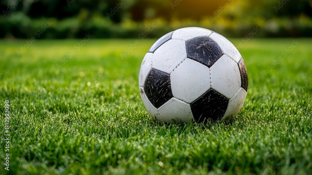 A Classic Soccer Ball Rests on Lush Green Grass Under Sunlight A Classic Soccer Ball Rests on Lush Green Grass Under Sunlight