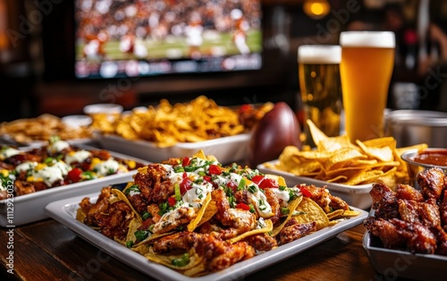 A table filled with classic Super Bowl snacks: wings, nachos, and beer, with a football game playing on a large TV in the background