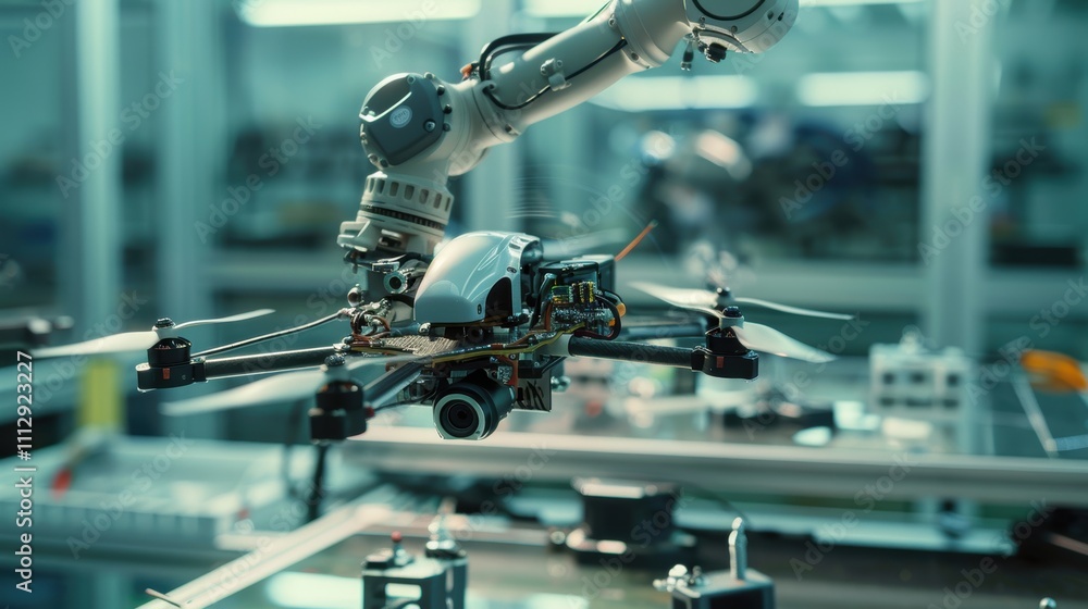 Robotic Arm Assembling Drone on High-Tech Production Line in Modern Factory Robotic Arm Assembling Drone on High-Tech Production Line in Modern Factory