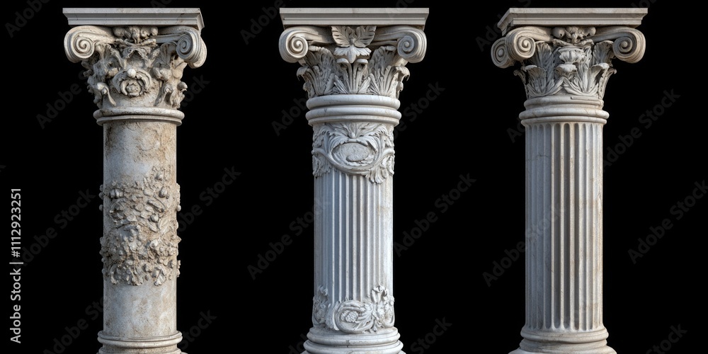 Three Classical Pillar Designs: Doric, Ionic, and Corinthian in 3D Stone and Marble Style Three Classical Pillar Designs: Doric, Ionic, and Corinthian in 3D Stone and Marble Style