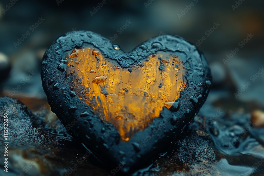 Fototapeta premium Dark Stone Heart Golden Interior Water Drops