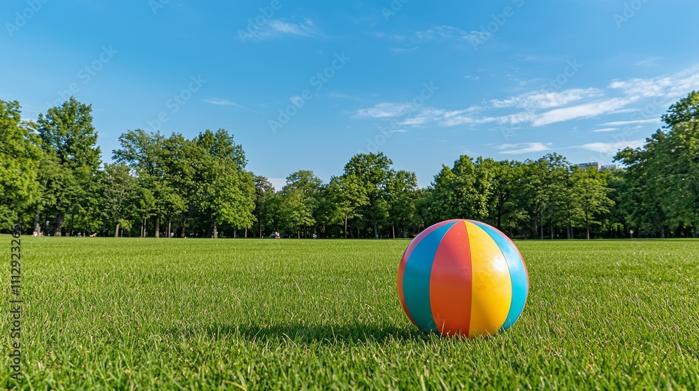 A Colorful Beach Ball Rests on a Lush Green Meadow Under a Summer Sky A Colorful Beach Ball Rests on a Lush Green Meadow Under a Summer Sky