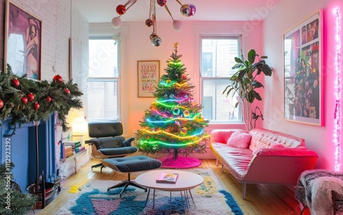 A playful living room with mismatched modern furniture, a quirky Christmas tree decorated in neon colors, and festive garlands with a non-traditional holiday vibe photo