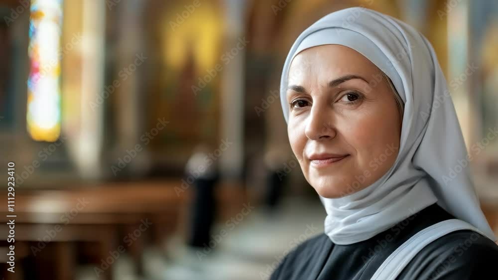 Elderly woman nun in habit with cathedral church bokeh background. Christian religion and Christianity. Faith and religious service. Elderly woman nun in habit with cathedral church bokeh background. Christian religion and Christianity. Faith and religious service.