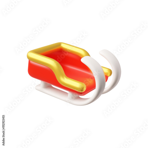 Cute 3d red and gold Santa Claus sleigh in a cartoon-style on a white background.