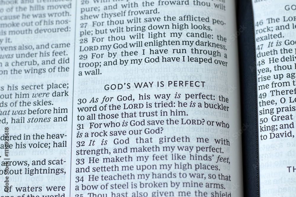 Obraz premium God's way is perfect text in open holy bible book. Christian biblical concept of guidance, obedience, and trust in Jesus Christ.