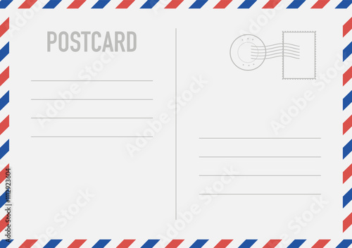 Realistic blank postcard template with place for stamp. White paper  airmail postcard with red and blue border. Vector EPS 10