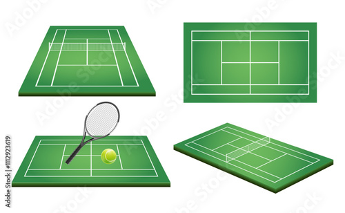 Realistic tennis field. Top view and perspective tennis court ground with green grass and line frame. Vector EPS 10