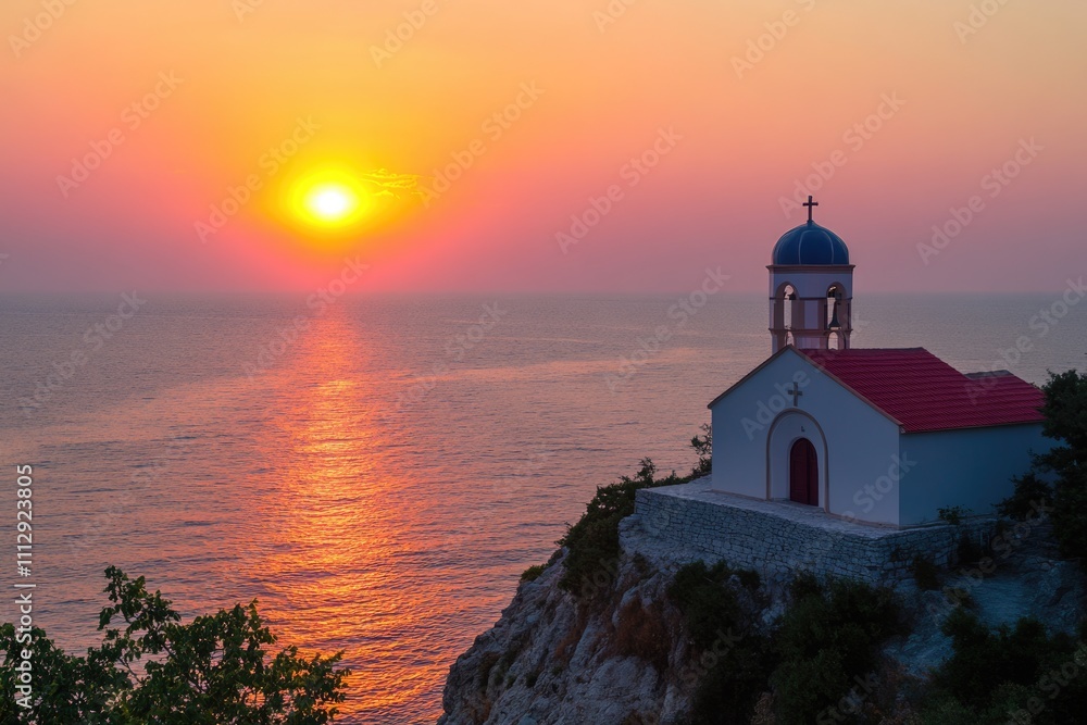 Vibrant Yellow Sunset Over Tranquil Ocean Water, Blending Sky Hues of Orange and Pink on the Horizon Vibrant Yellow Sunset Over Tranquil Ocean Water, Blending Sky Hues of Orange and Pink on the Horizon