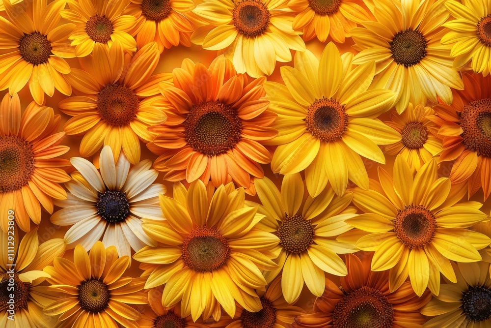 A vibrant arrangement of yellow and orange flowers creating a cheerful backdrop. A vibrant arrangement of yellow and orange flowers creating a cheerful backdrop.