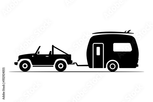 Off-road vehicle with trailer icon. Camper, surfboard. Black silhouette. Side view. Vector simple flat graphic illustration. Isolated object on white background. Isolate.