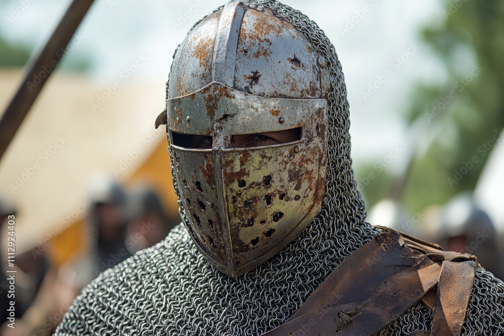 An impressive view of a rusted knight's helmet and chainmail, revealing the intricate details and time-worn textures that tell stories of valor and countless battles fought. An impressive view of a rusted knight's helmet and chainmail, revealing the intricate details and time-worn textures that tell stories of valor and countless battles fought.
