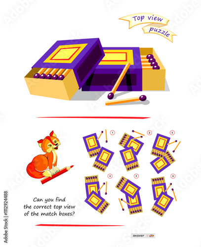 Logic puzzle game for children and adults. Can you find the correct top view of the match boxes? 3D maze. Page for brain teaser book. Develop spatial thinking skills. IQ test. Flat vector image.