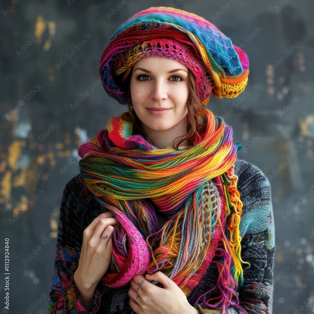 Vibrant Textile Artistry: Fashion Portrait with Woven Yarn Headpiece Design for Editorial Use Vibrant Textile Artistry: Fashion Portrait with Woven Yarn Headpiece Design for Editorial Use