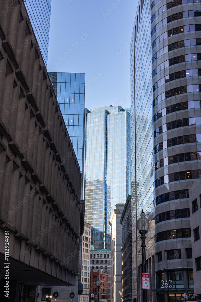 Fototapeta premium Street-Level View of Boston’s Glass and Stone Buildings