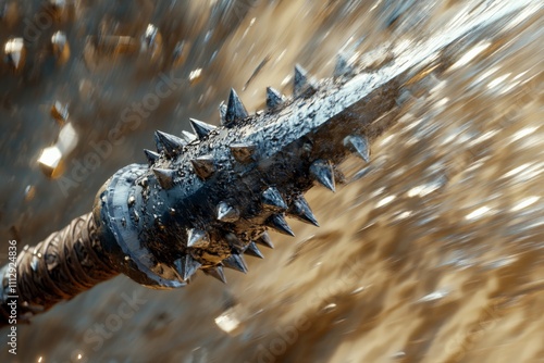 An action shot of a menacing spiked weapon in motion captures the raw power and intensity of battle, emphasizing the craftsmanship and imposing design of the weapon. photo