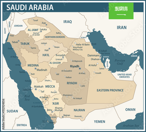 Saudi Arabia Map Vector Vintage Dark Blue Beige - Customizable layered political map of Saudi Arabia with administrative divisions for website, education, reports, news, politics, print, poster
