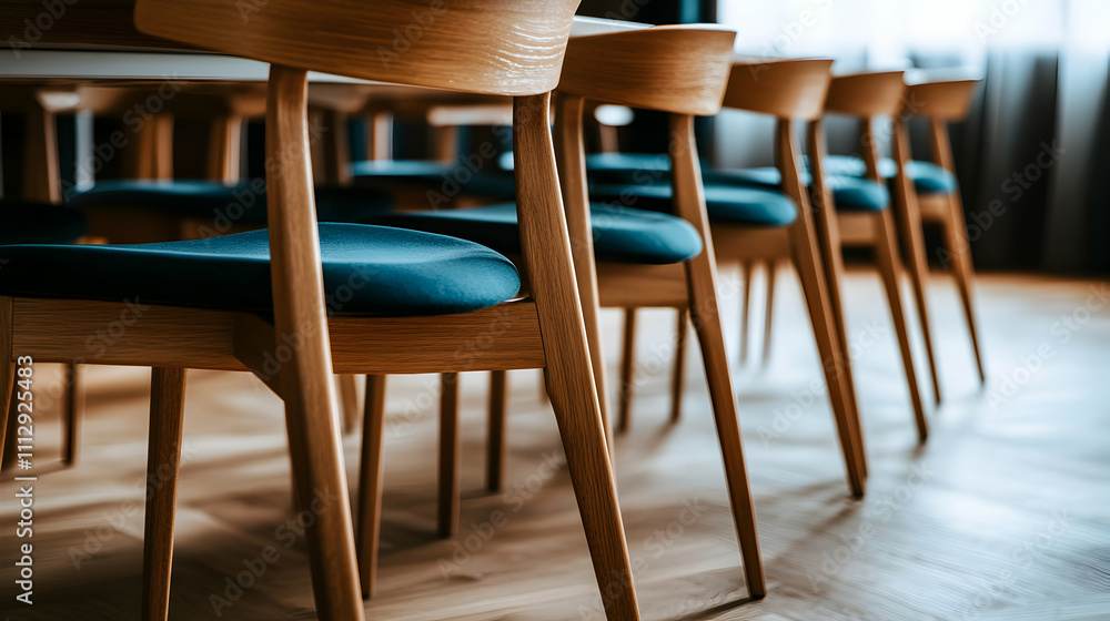 Modern wooden chairs with teal velvet cushions arranged around a table, showcasing elegant design and interior decor. Modern wooden chairs with teal velvet cushions arranged around a table, showcasing elegant design and interior decor.