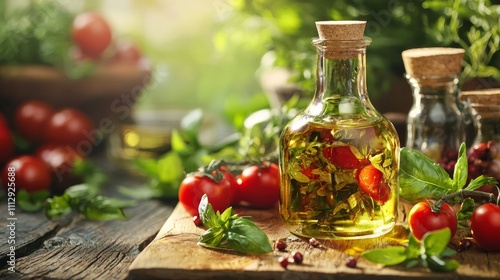 Bottle of herb-infused olive oil with fresh tomatoes and basil