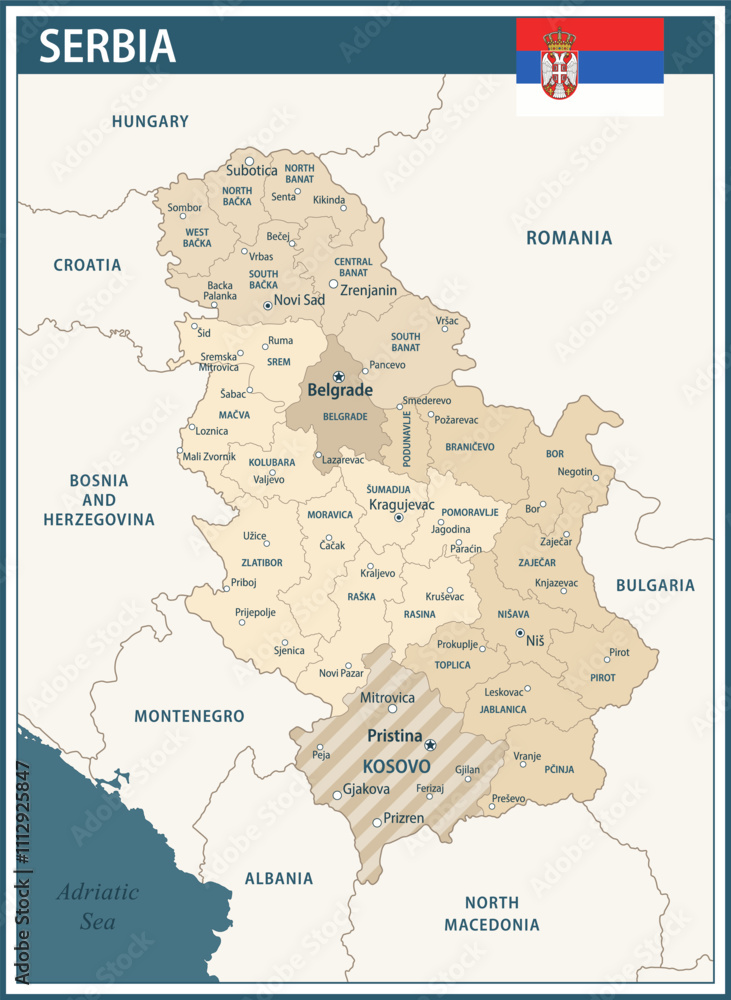 Obraz premium Serbia Map Vector Vintage Dark Blue Beige - Customizable layered political map of Serbia with administrative divisions for website, education, reports, news, politics, print, poster and wallpaper