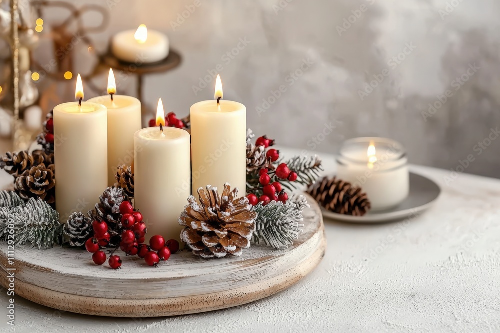 Elegant Christmas wreath with candles and natural decor for a serene holiday ambiance Elegant Christmas wreath with candles and natural decor for a serene holiday ambiance