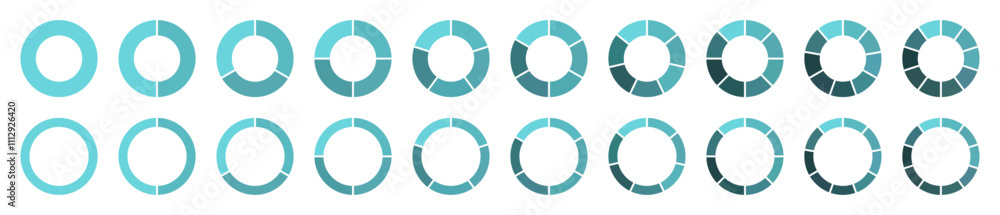 Pie chart icons set in blue color. Rotating element with 2-10 steps. Set of circle infographic. Segment circle round vector 2-10 divide infographic. Flat style. Vector illustration. Pie chart icons set in blue color. Rotating element with 2-10 steps. Set of circle infographic. Segment circle round vector 2-10 divide infographic. Flat style. Vector illustration.