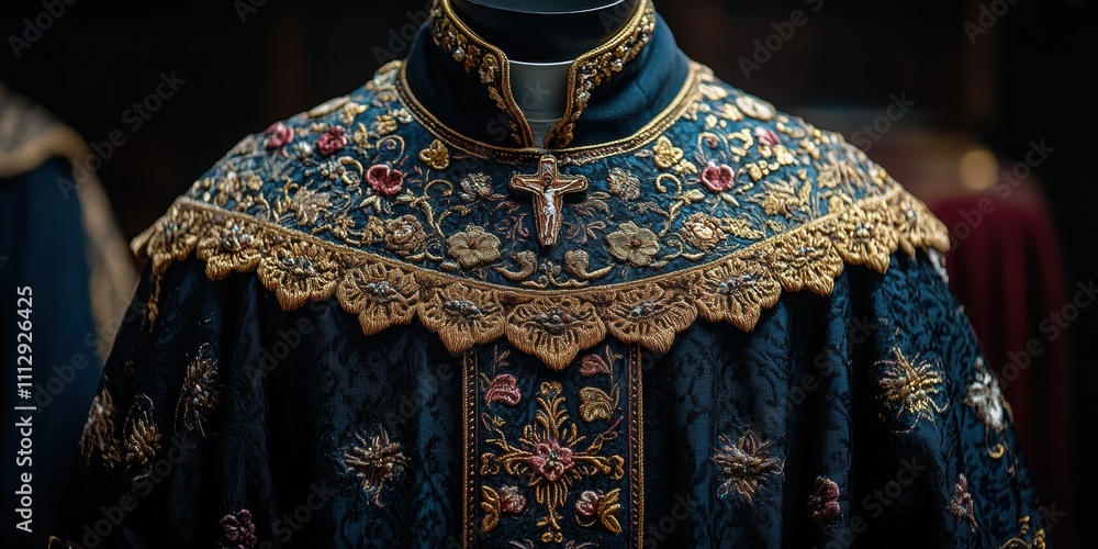 This image showcases an intricately designed ceremonial robe with elaborate embroidery, featuring floral and religious motifs, symbolizing cultural artistry and craftsmanship This image showcases an intricately designed ceremonial robe with elaborate embroidery, featuring floral and religious motifs, symbolizing cultural artistry and craftsmanship