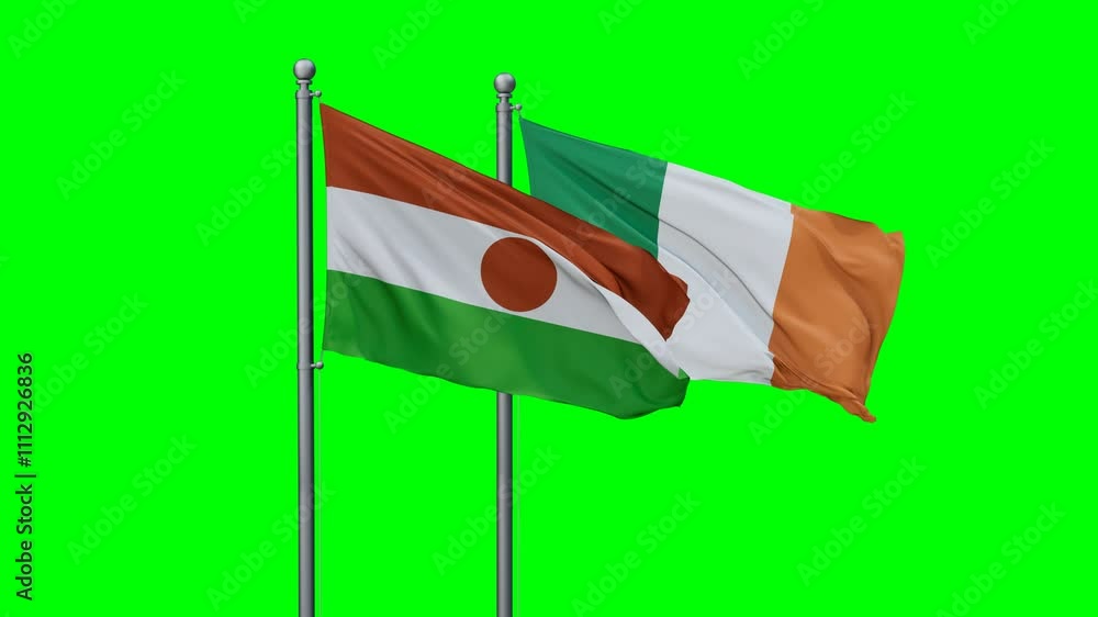 Ireland and Niger flags flying together, video concept of the relationship with colored chroma key for easy background remove Ireland and Niger flags flying together, video concept of the relationship with colored chroma key for easy background remove