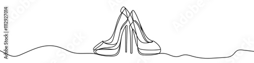 Elegant high heels shoes are drawn with one continuous line on a white background. Minimalist and fashionable illustration