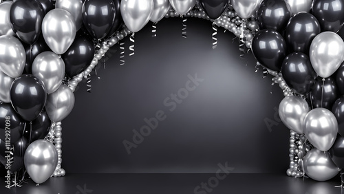 Black and silver balloons with ribbons on black background.